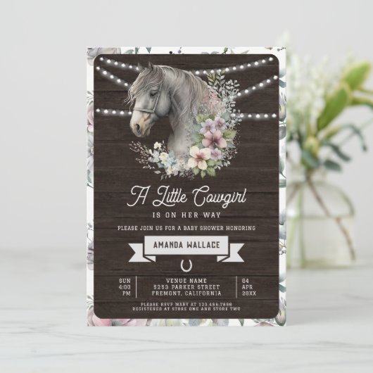バーンドウ素朴ッドフローラホース女性のカーボーイベビーシャワー 招待状 (スタンド正面)