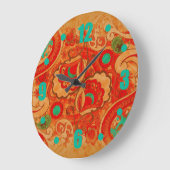 バーンドオファンキーレンジレッドティール(緑がかった色)ヴィンテージペイズリー ラージ壁時計 (傾斜)