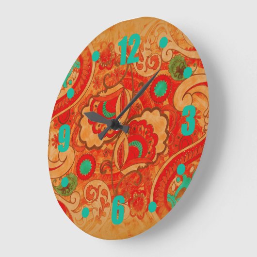 バーンドオファンキーレンジレッドティール(緑がかった色)ヴィンテージペイズリー ラージ壁時計 (傾斜)