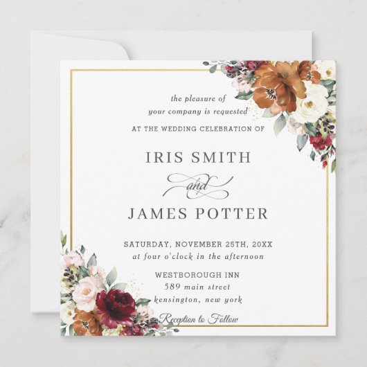 バーンドオレンジアイボリーブルゴーニュ結婚フローラズスクエア 招待状 (正面)