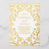 バーンドオレンジゴールドフォイルフローラレース結婚ズ 箔招待状 (正面)