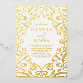 バーンドオレンジゴールドフォイルフローラレース結婚ズ 箔招待状
