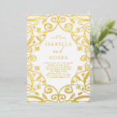 バーンドオレンジゴールドフォイルフローラレース結婚ズ 箔招待状 (立ち正面)
