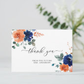 バーンドオレンジネイビーフローラ水彩ブライダルシャワー サンキューカード (スタンド正面)