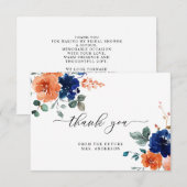 バーンドオレンジネイビーフローラ水彩ブライダルシャワー サンキューカード (正面/裏面)