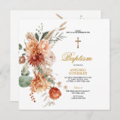 バーンドオレンジフローラ金ゴールドクロスバプテスマ《キリスト教》洗礼式や命名式 招待状 (正面/裏面)