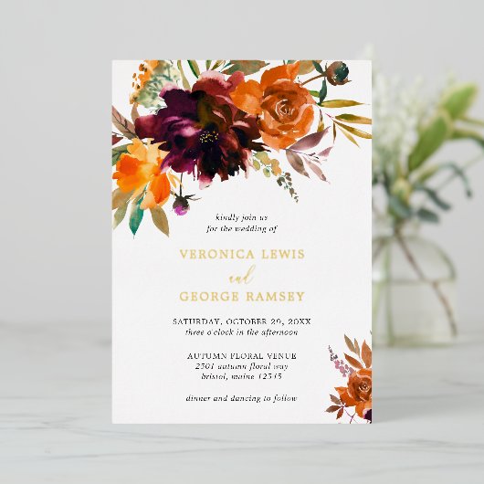 バーンドオレンジブルゴーニュ素朴フローラ結婚金ゴールド 箔招待状 (立ち正面)