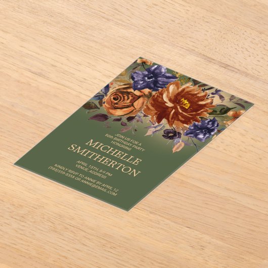 バーンドオレンジブルーフローラグリーン50誕生日 アクリル招待状 (レイダウン)