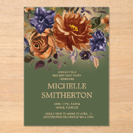 バーンドオレンジブルーフローラグリーン50誕生日 アクリル招待状