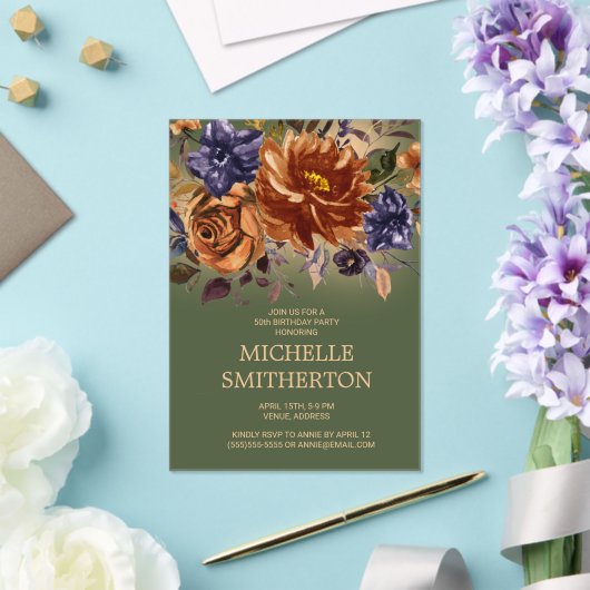 バーンドオレンジブルーフローラグリーン50誕生日 アクリル招待状 (インサイチュ (ウェディング))