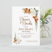 バーンドオレンジホワイトフローラディナーパーティー誕生日 招待状 (スタンド正面)