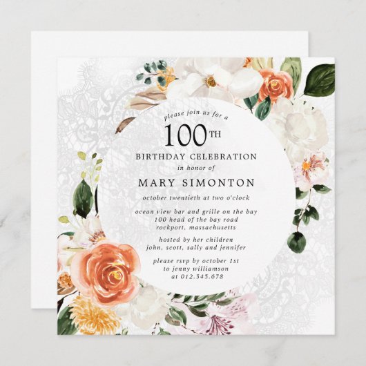 バーンドオレンジホワイトフローラレース100誕生日 招待状 (正面/裏面)