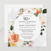 バーンドオレンジホワイトフローラレース90誕生日 招待状 (正面/裏面)