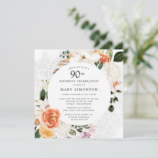 バーンドオレンジホワイトフローラレース90誕生日 招待状 (スタンド正面)