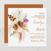 バーンドオレンジボヘミアンパンパスグラス結婚スクエア 招待状 (正面/裏面)