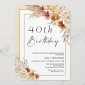 バーンドオレンジボホパンパスグラス金ゴールドフレーム誕生日 招待状 (正面/裏面)