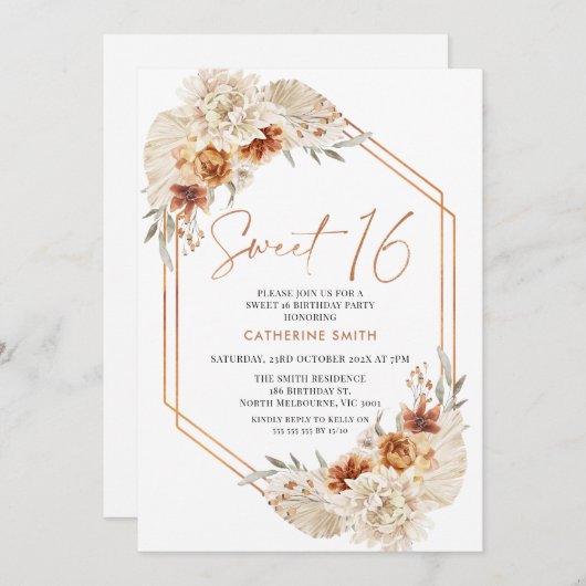 バーンドオレンジボホフローラスウィート16誕生日 招待状 (正面/裏面)