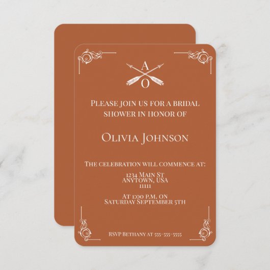バーンドオレンジモノグラムと矢印ブライダルシャワー 招待状 (正面/裏面)