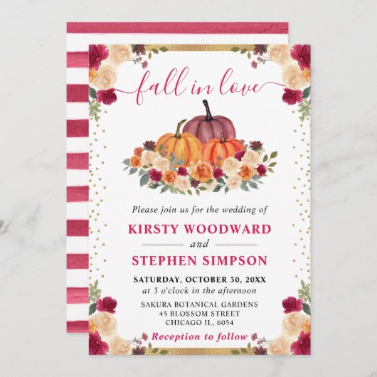 バーンドオレンジ&レッドフローラカボチャ秋の結婚式 招待状 (正面/裏面)