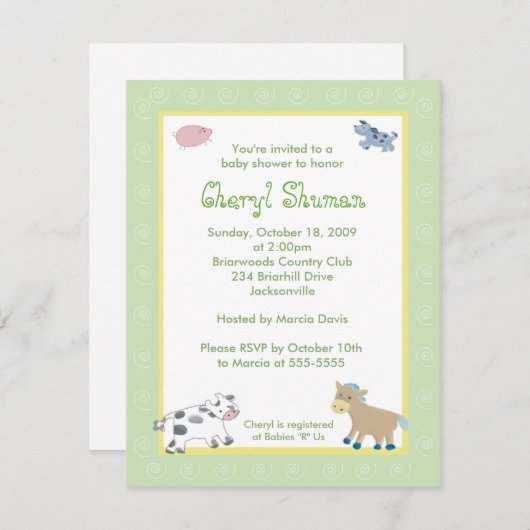 バーンドヤードファーム動物グリーンスワールベビーシャワー 招待状 (正面/裏面)