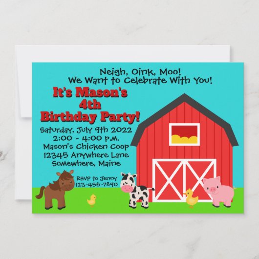 バーンファームカウホースピグバースデーパーティ招待状 招待状 (正面)