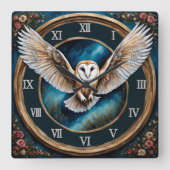 バーンフクロウとバラファンタジーアート スクエア壁時計 (正面)