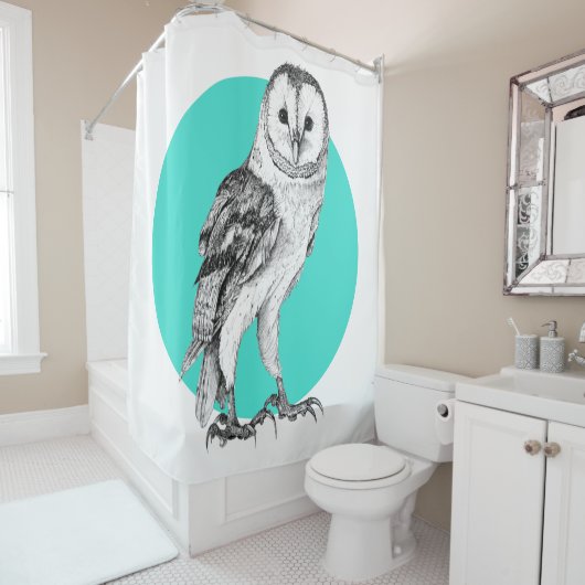 バーンフクロウスケッチインブラックペンオンターコイズ シャワーカーテン (インサイチュ)