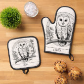 バーンフクロウ鳥写真ラインアートブラック&ホワイト 鍋つかみ&鍋敷きセット (トップダウン)