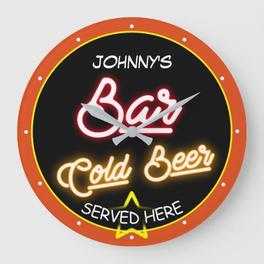 バー任意の名前フェイクネオンレッド金ゴールドブラックオレンジレトロ ラージ壁時計 (正面)