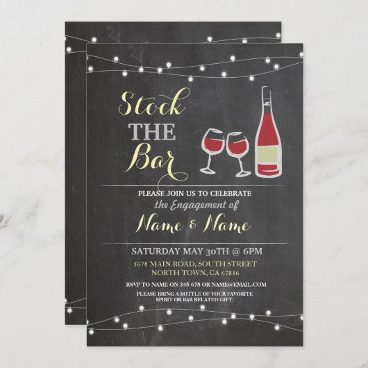 バー婚約カップルのワインチョークをストック 招待状 (正面/裏面)