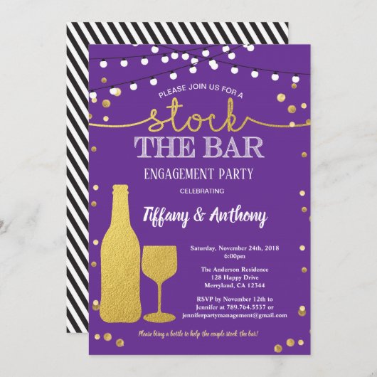 バー婚約パーティの紫と金ゴールド 招待状 (正面/裏面)
