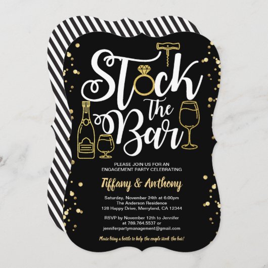 バー招待婚約パーティ金ゴールド 招待状 (正面/裏面)