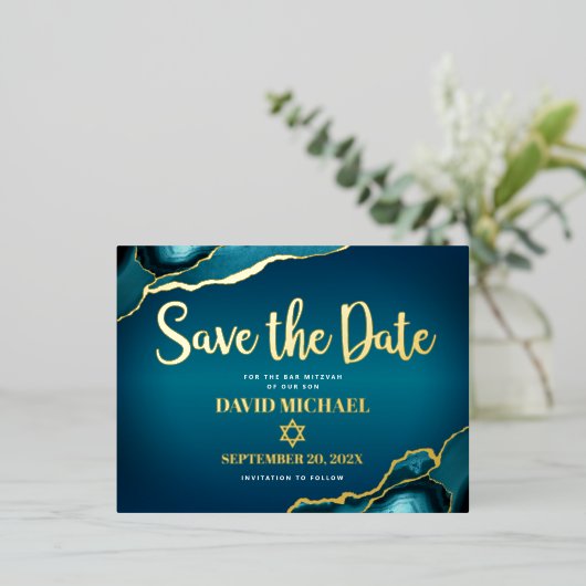 バー救(ユダヤ教の)バル・ミツバー日付ティール(緑がかった色)グラデーションアゲ実在ト金ゴールド 箔招待状ポストカード (立ち正面)