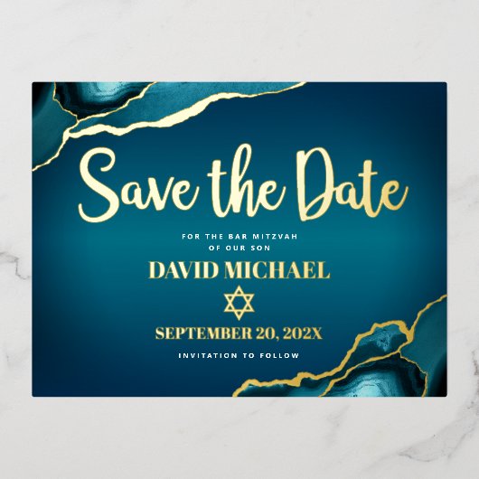 バー救(ユダヤ教の)バル・ミツバー日付ティール(緑がかった色)グラデーションアゲ実在ト金ゴールド 箔招待状ポストカード (正面)