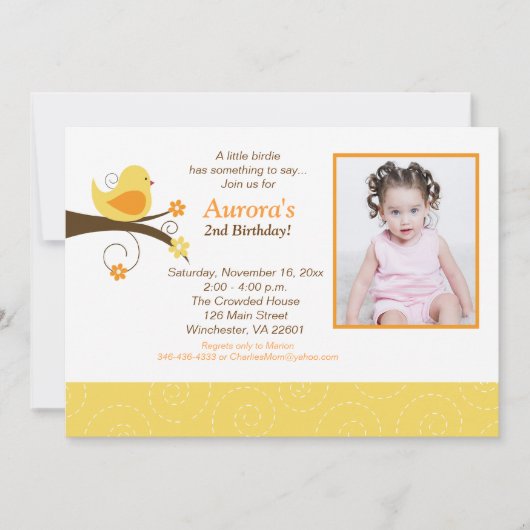 バー渦巻形のズトレンディーイエローフォト誕生日招待状 招待状 (正面)