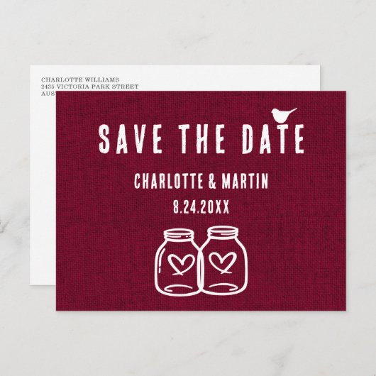 バー素朴グンディBurlap結婚式の日付を保存 案内ポストカード (正面/裏面)