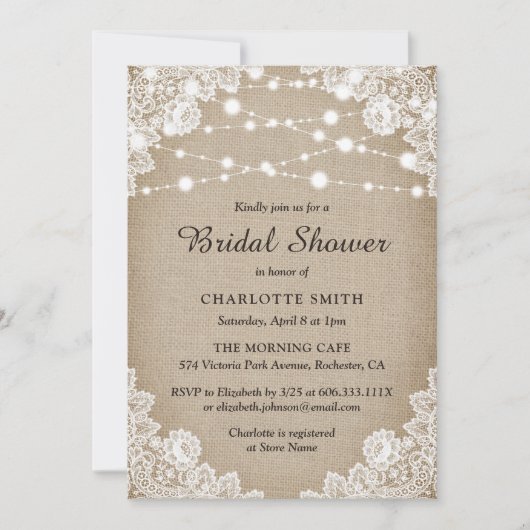 バー素朴ラップとレースのブライダルシャワーの招待 招待状 (正面)