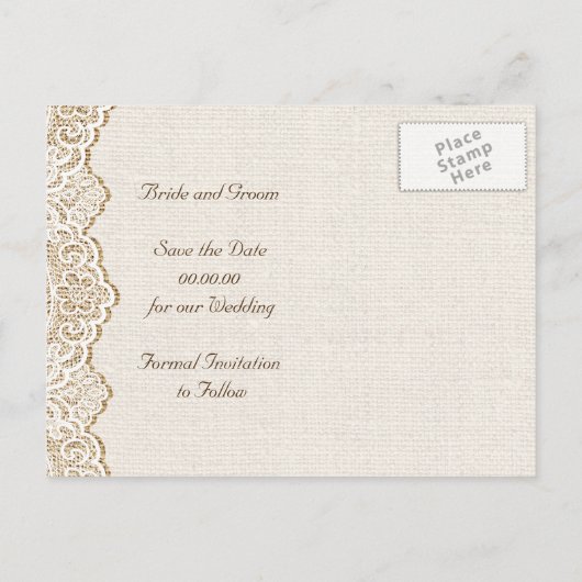 バー素朴ラップ結婚式のホワイトレース日付を保存 案内ポストカード (裏面)