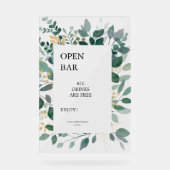 バー記号金ゴールドと緑の葉枠を開く アクリルサイン (正面)