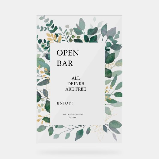 バー記号金ゴールドと緑の葉枠を開く アクリルサイン (正面)