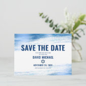 バー（ユダヤ教の）バル・ミツバーはっきりしたネイビモダンータイポグラフィブルーフォイル セーブザデート (スタンド正面)