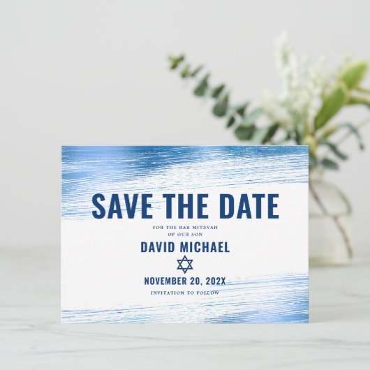 バー（ユダヤ教の）バル・ミツバーはっきりしたネイビモダンータイポグラフィブルーフォイル セーブザデート (スタンド正面)