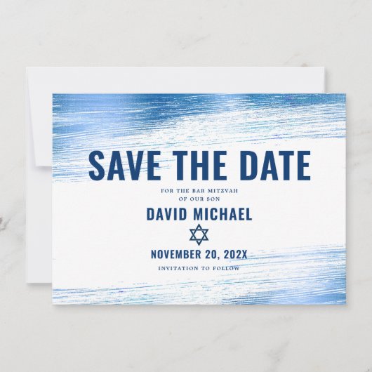 バー（ユダヤ教の）バル・ミツバーはっきりしたネイビモダンータイポグラフィブルーフォイル セーブザデート (正面)