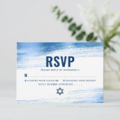 バー(ユダヤ教の)バル・ミツバーはっきりしたネイビモダンータイポグラフィブルーフォイル 出欠カード (スタンド正面)