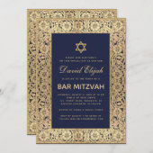 バー（ユダヤ教の）バル・ミツバーエレガントネイビーブルーヴィンテージ金ゴールドバラ 招待状 (正面/裏面)