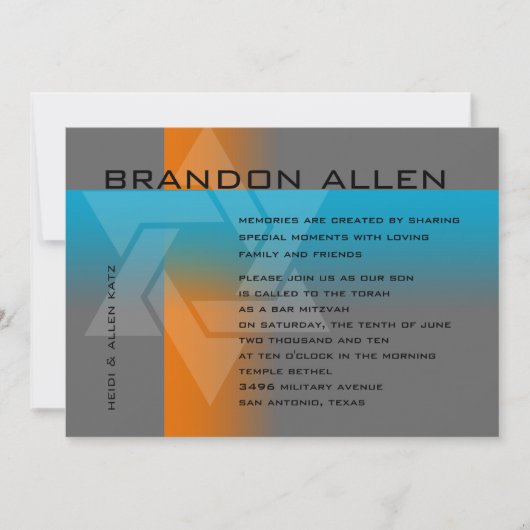 バー（ユダヤ教の）バル・ミツバーオレンジとターコイズオン任意の色 招待状 (正面)