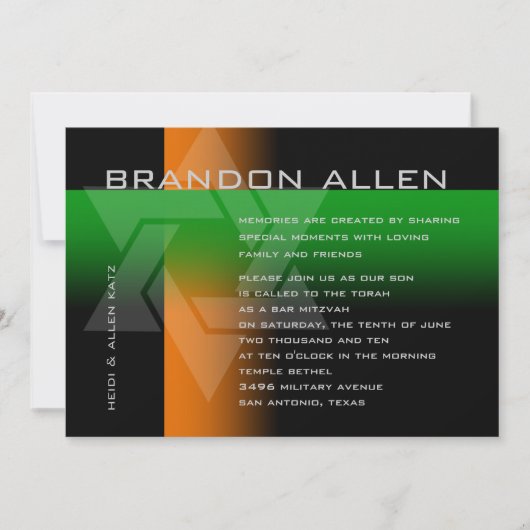 バー(ユダヤ教の)バル・ミツバーオレンジと緑on Any Color 招待状 (正面)