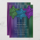 バー(ユダヤ教の)バル・ミツバーグリーンティール(緑がかった色)とパープルスター・オブ・デイビッド 招待状 (正面/裏面)