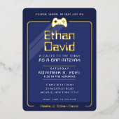 バー（ユダヤ教の）バル・ミツバーゲモダンームクールコントロールのネイビーブルー 箔招待状 (正面)