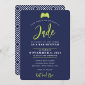 バー(ユダヤ教の)バル・ミツバーゲモダンーム制御ネイビーライムグリーン 招待状 (正面/裏面)